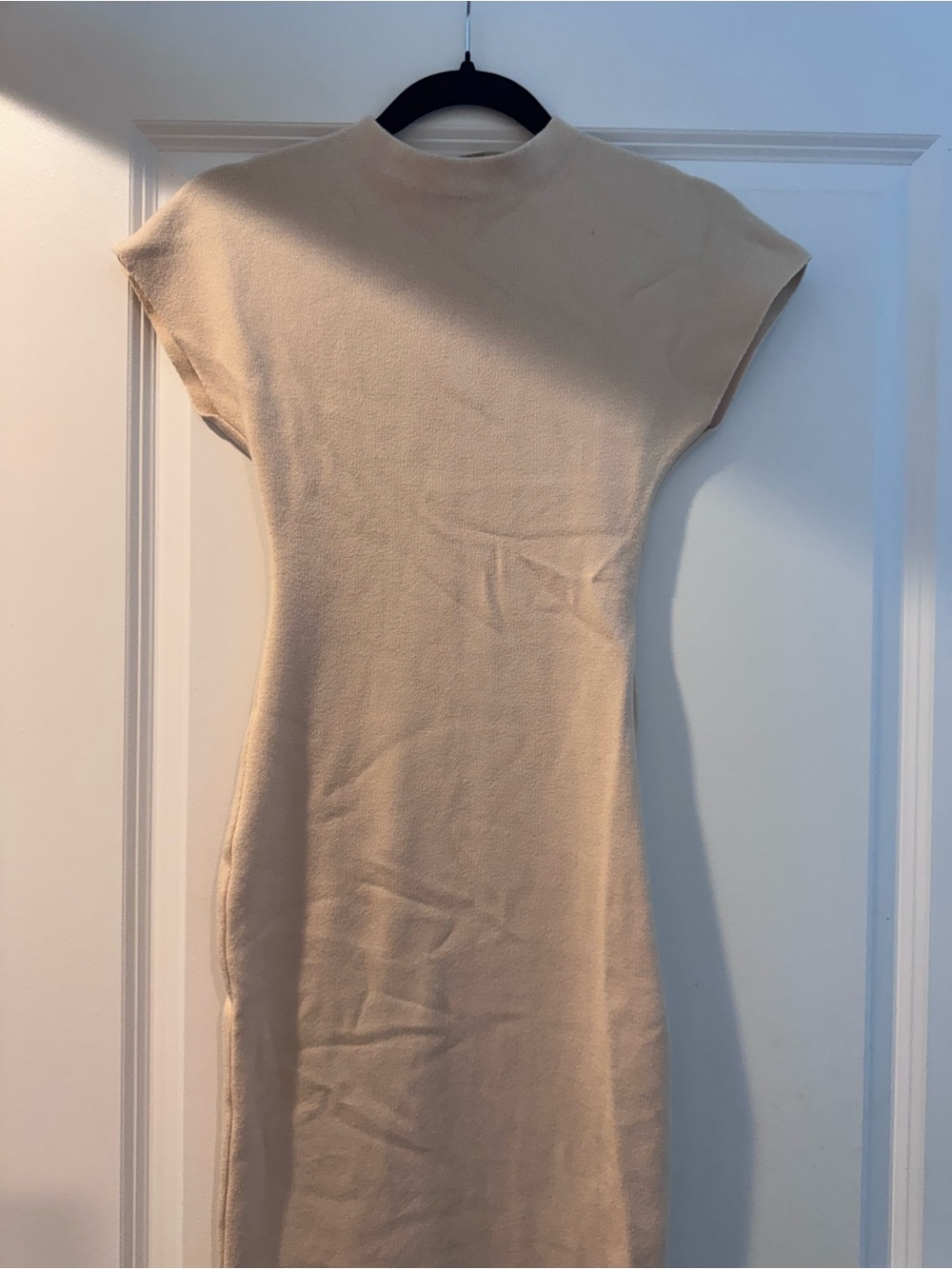 Beige Knit Cap-Sleeve Midi Dress